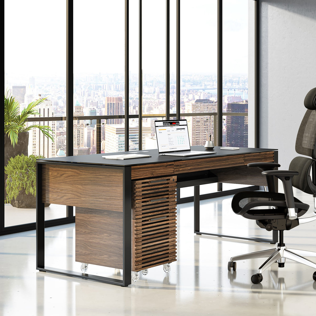 BDi Corridor 6521 Executive Office Desk in Natural Walnut, with a file pedestal and chair, credenza across the room