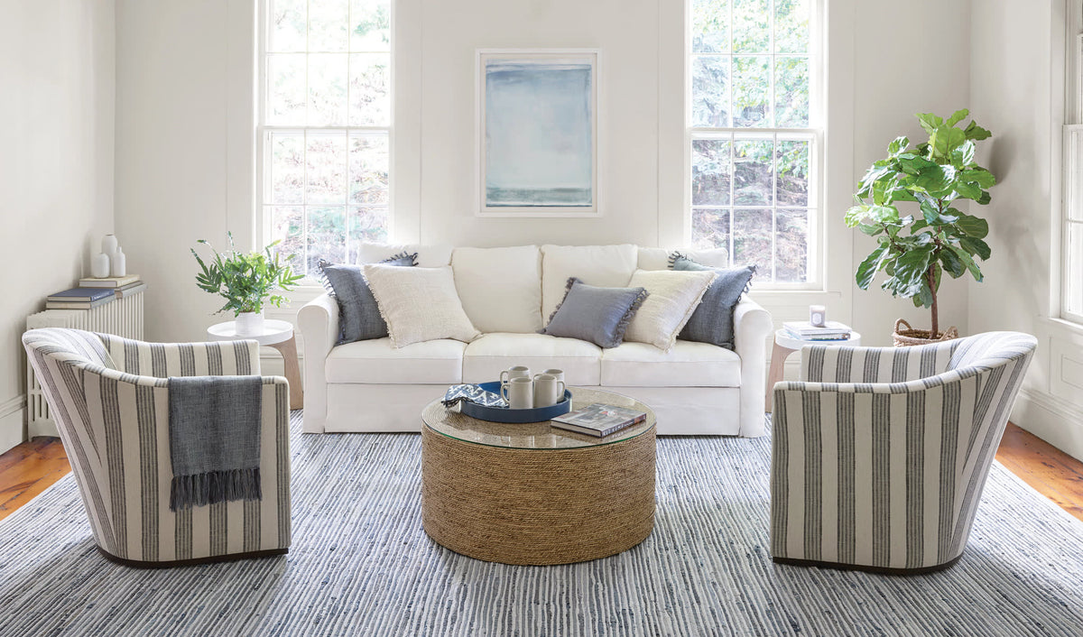 Dash & Albert Denim Rag Ribbed Handwoven Cotton Rug in Blue, living room setting