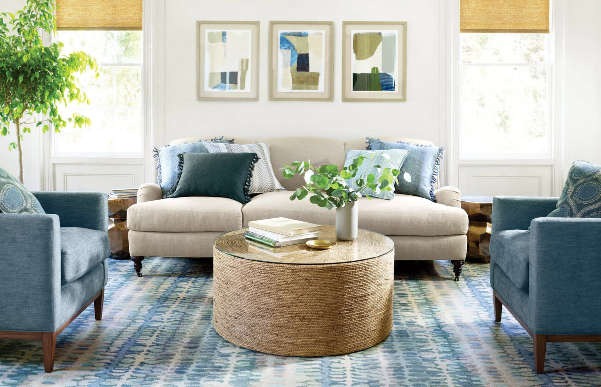Dash & Albert Paint Chip Hand Micro Hooked Wool Rug in Blue, living room setting