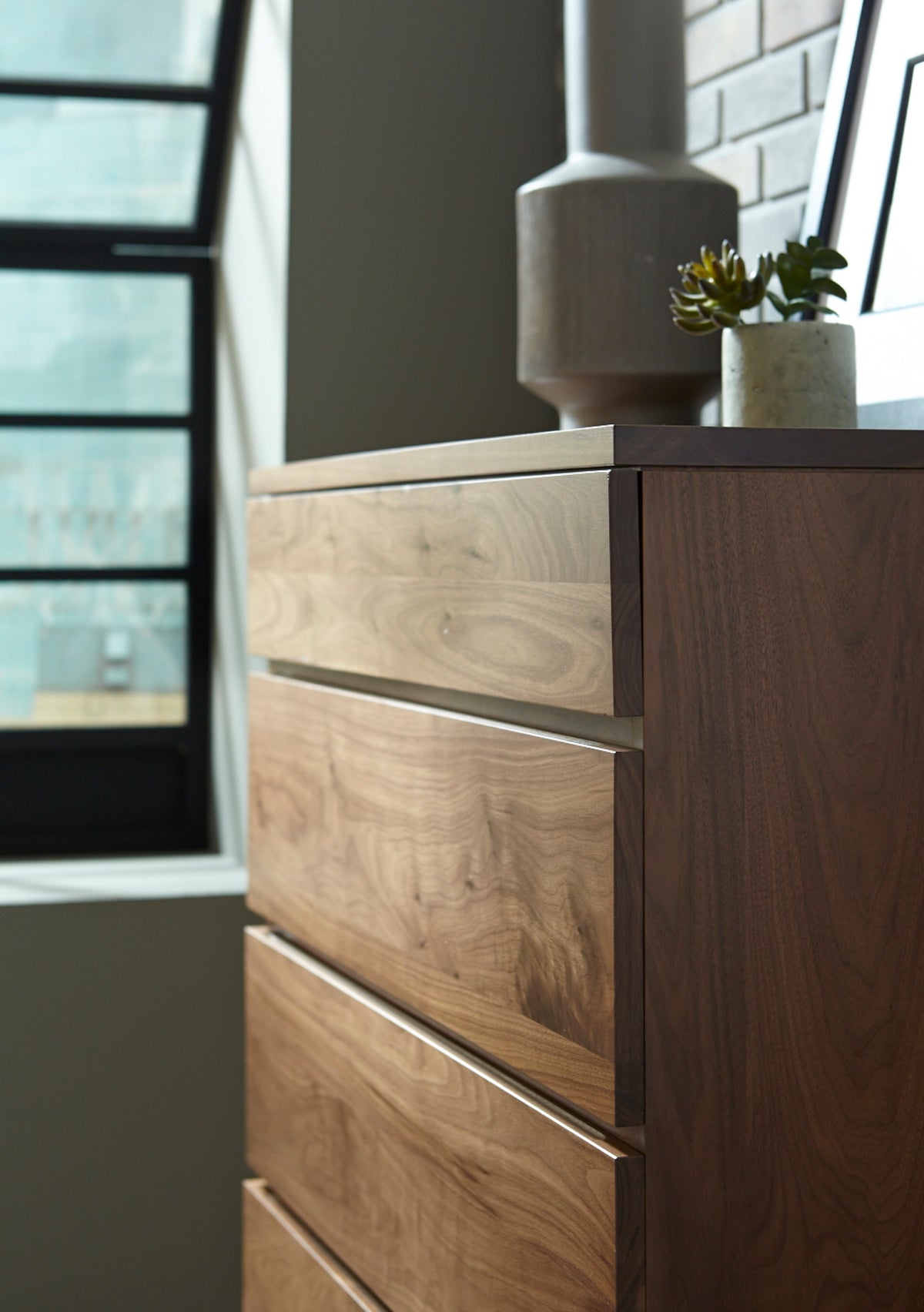 West Bros Serra Chest of Drawers in 80 Walnut, drawer front detail