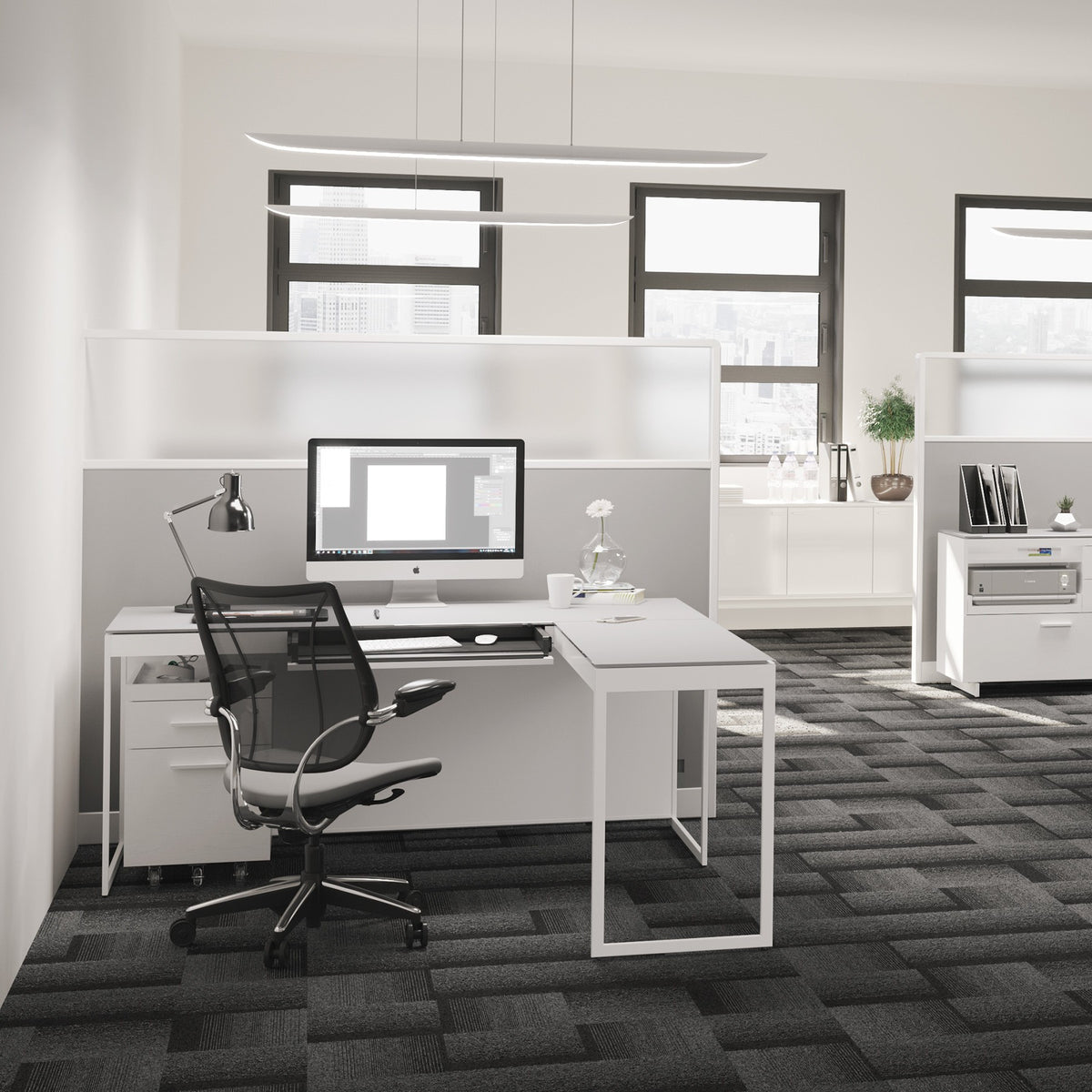 BDi Centro 6402 Desk Extension in Satin White on Oak with Grey Glass, joined to a desk, in an open office