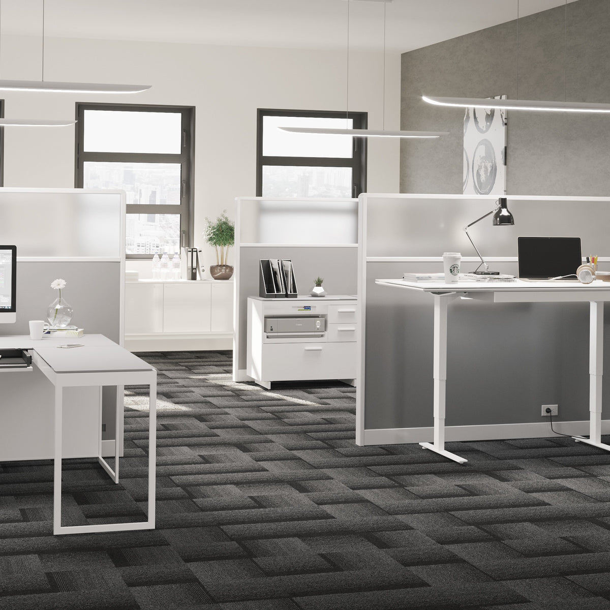 BDi Centro 6417 Multi Function Cabinet in Satin White on Oak with Grey Glass, in an open office with partitions