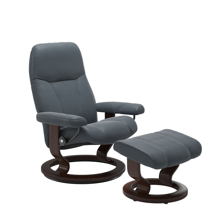 Consul Recliner - Classic Base - Batick Atlantic Blue - Brown Wood
