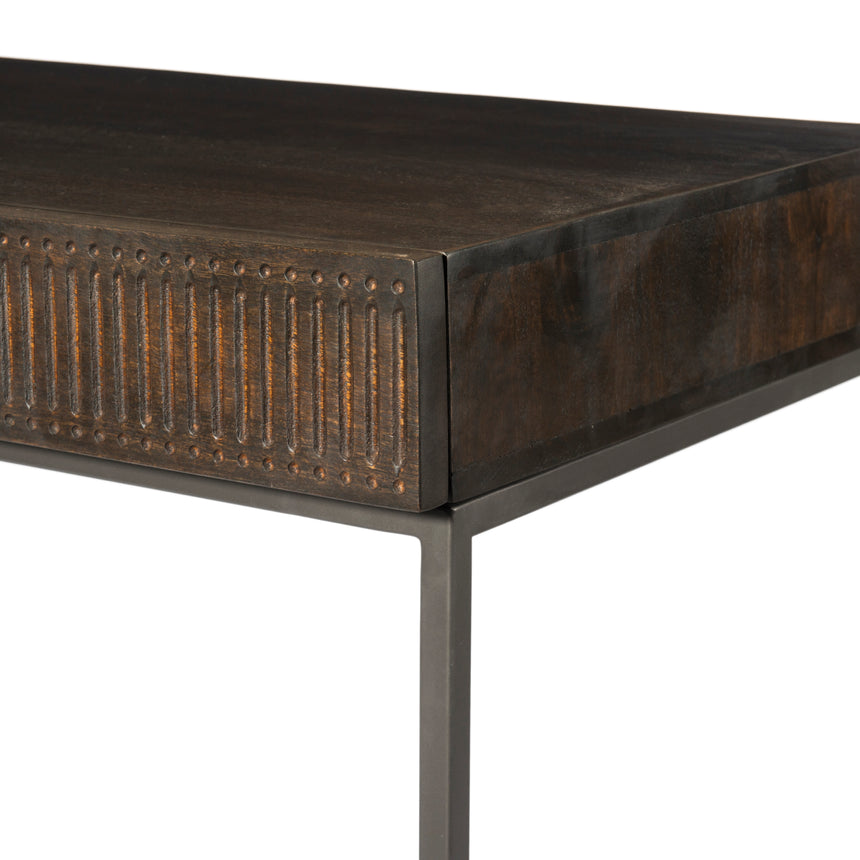 Carved Vintage Brown Mango & Gunmetal Iron with Aged Brass Iron | Kelby Writing Desk | Valley Ridge Furniture