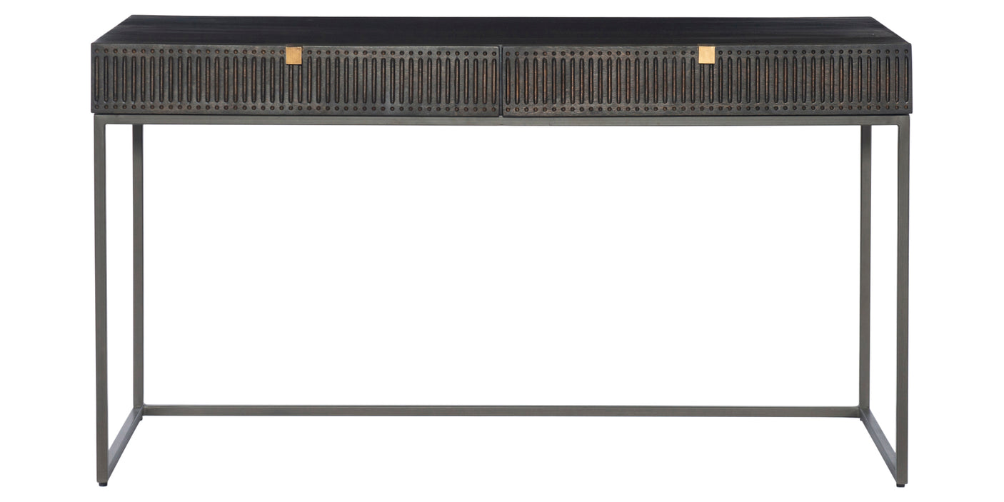 Carved Vintage Brown Mango & Gunmetal Iron with Aged Brass Iron | Kelby Writing Desk | Valley Ridge Furniture