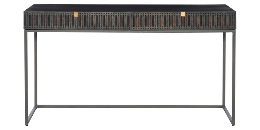 Carved Vintage Brown Mango & Gunmetal Iron with Aged Brass Iron | Kelby Writing Desk | Valley Ridge Furniture