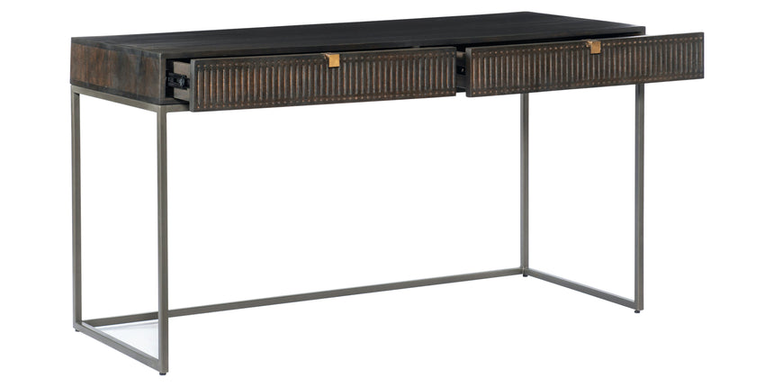 Carved Vintage Brown Mango & Gunmetal Iron with Aged Brass Iron | Kelby Writing Desk | Valley Ridge Furniture