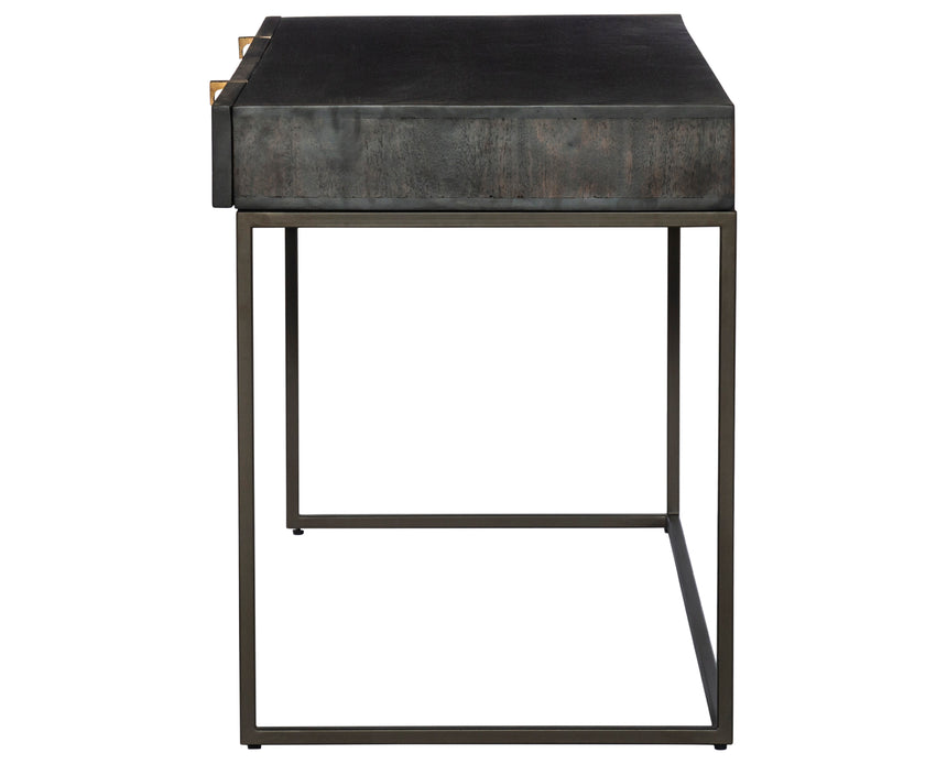 Carved Vintage Brown Mango & Gunmetal Iron with Aged Brass Iron | Kelby Writing Desk | Valley Ridge Furniture