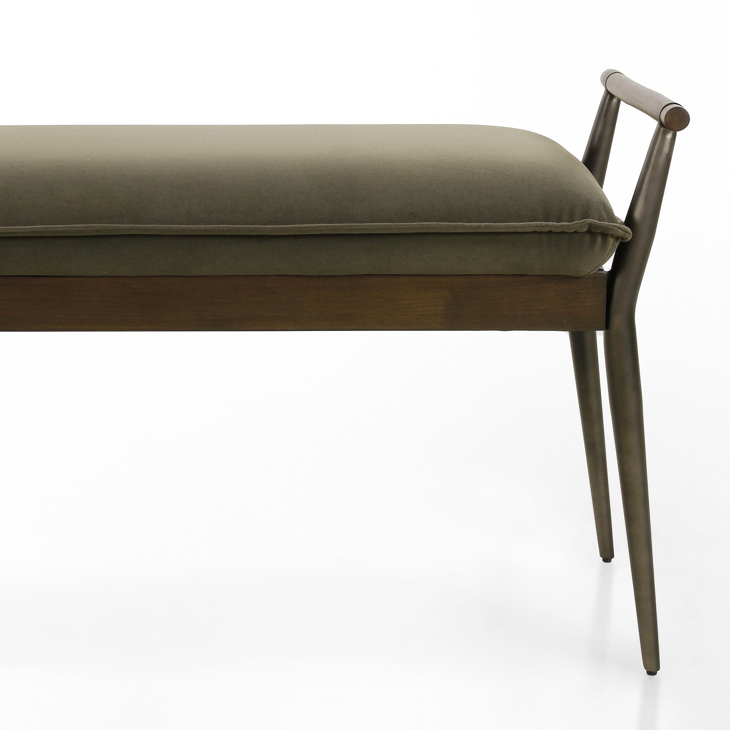 Modern Velvet Loden Fabric & Burnt Oak with Carbon Black Stainless Steel | Charlotte Bench | Valley Ridge Furniture