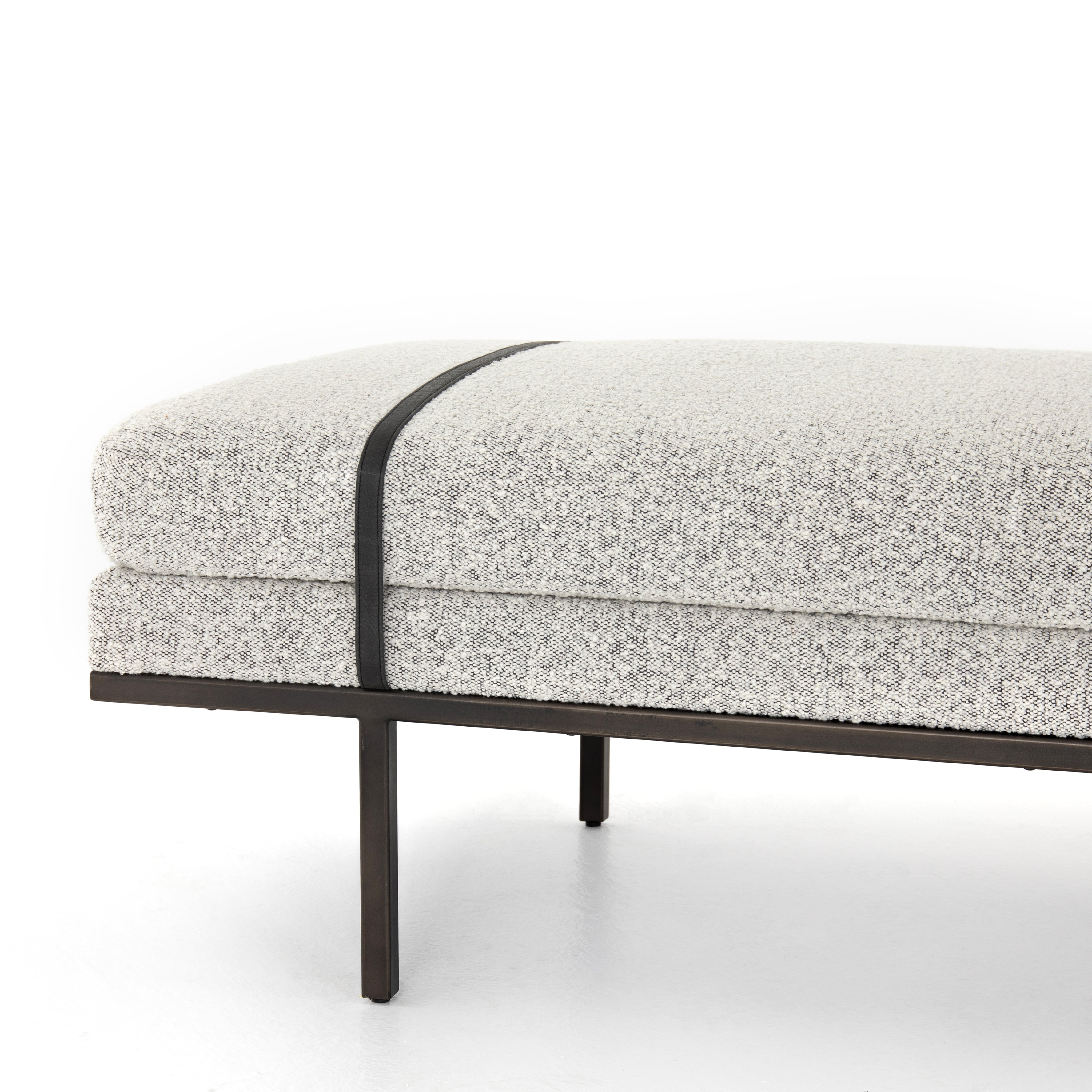 Knoll Domino Fabric &amp; Gunmetal Iron with Umber Black Leather | Harris Accent Bench | Valley Ridge Furniture