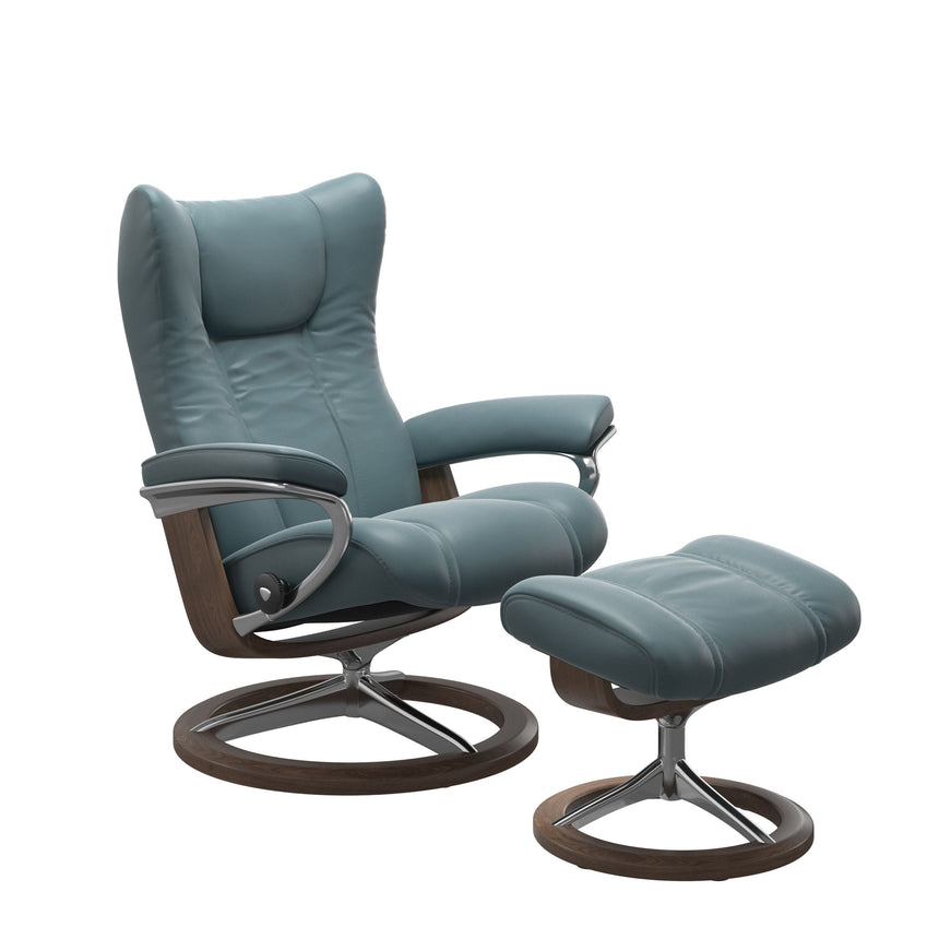 Wing Recliner - Signature Base - Paloma Teal Blue - Walnut Wood