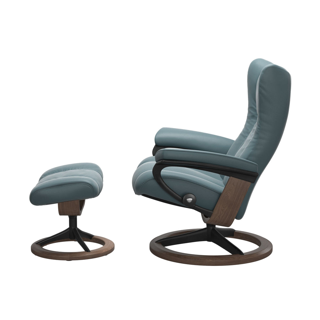 Stressless Wing Recliner Signature Base in Paloma Teal Blue, Walnut (with Matte Black), side view