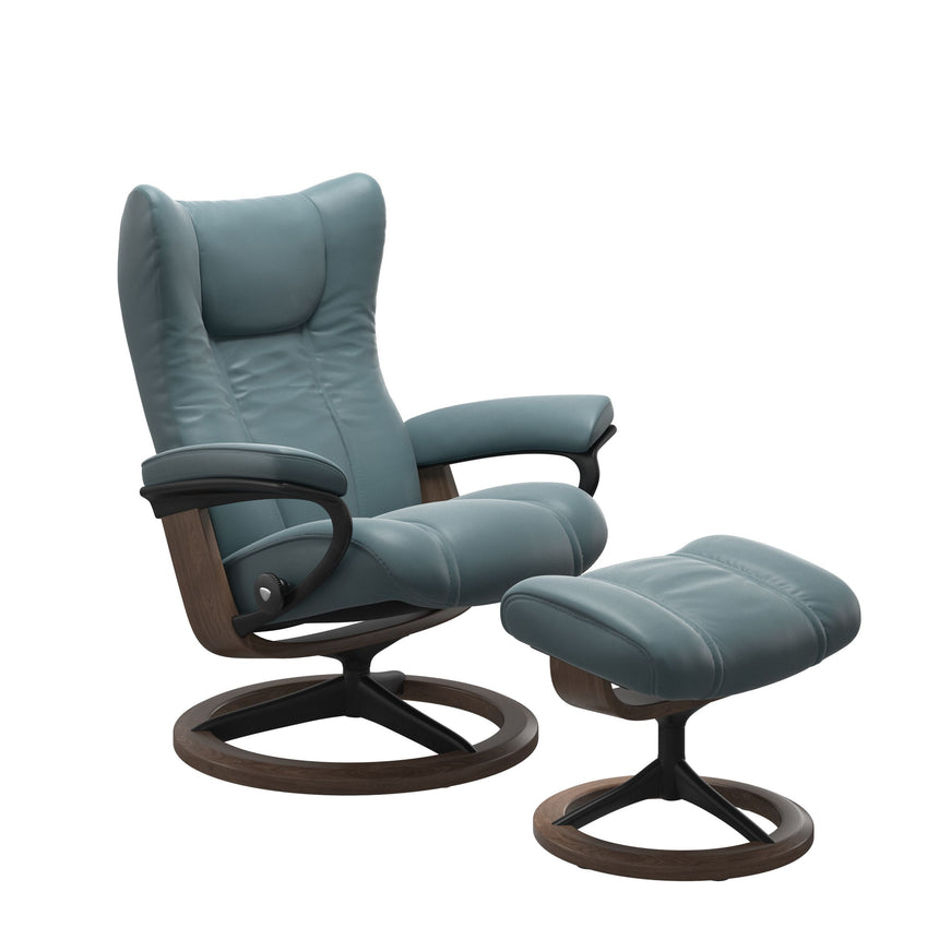 Wing Recliner - Signature Base - Paloma Teal Blue - Walnut (with Matte Black) Wood