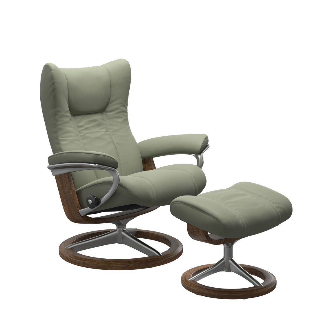 Stressless Wing Recliner Signature Base in Paloma Shadow Green, Teak, front view