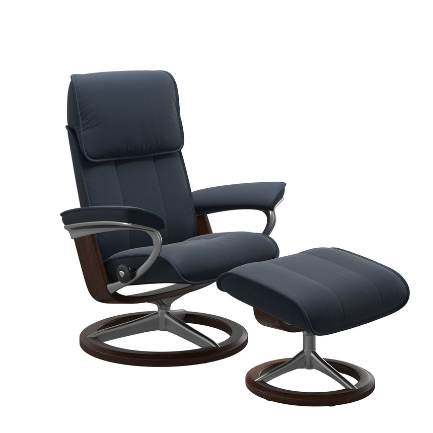 Admiral Recliner - Signature Base - Paloma Oxford Blue - Brown Wood