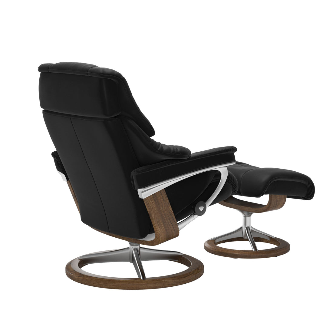 Stressless Reno Recliner Signature Base in Paloma Black, Teak, rear three-quarter view