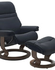 Paloma Leather Shadow Blue S/M/L & Walnut Base | Stressless Sunrise Classic Recliner - Promo | Valley Ridge Furniture