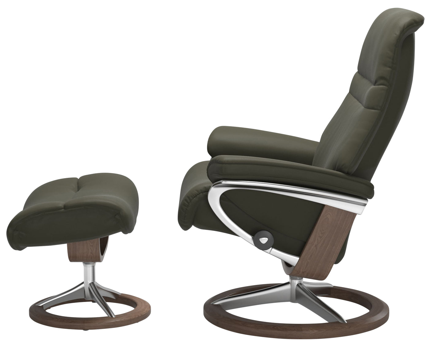 Paloma Leather Dark Olive M/L & Walnut Base | Stressless Sunrise Signature Recliner | Valley Ridge Furniture