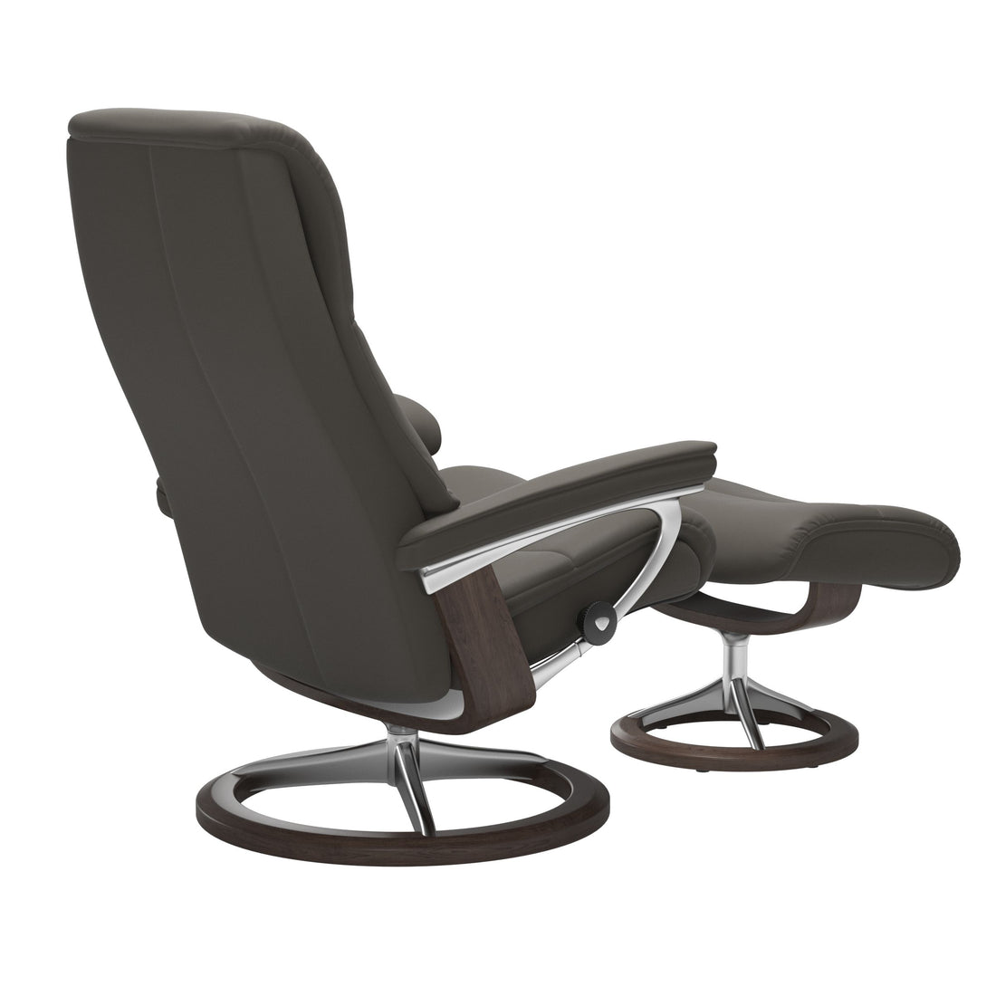 Stressless View Recliner Signature Base in Paloma Metal Grey, Wenge (with Polished Aluminum), rear three-quarter view