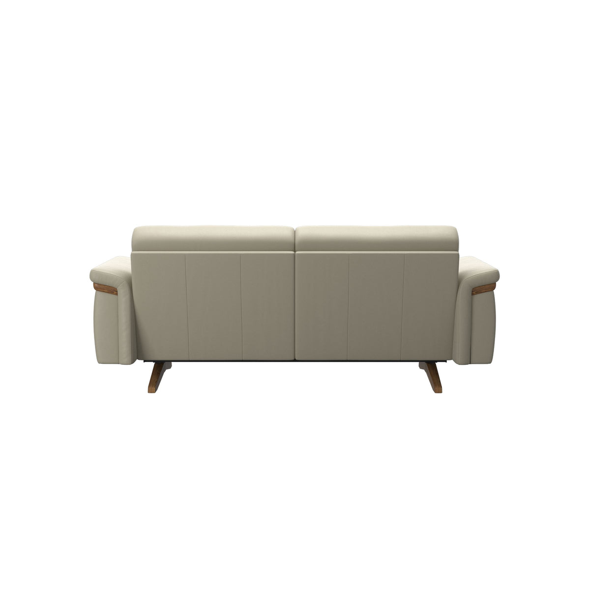 Stressless Stella Wood 2-Seater Sofa in Paloma Light Grey, Teak, rear three-quarter view