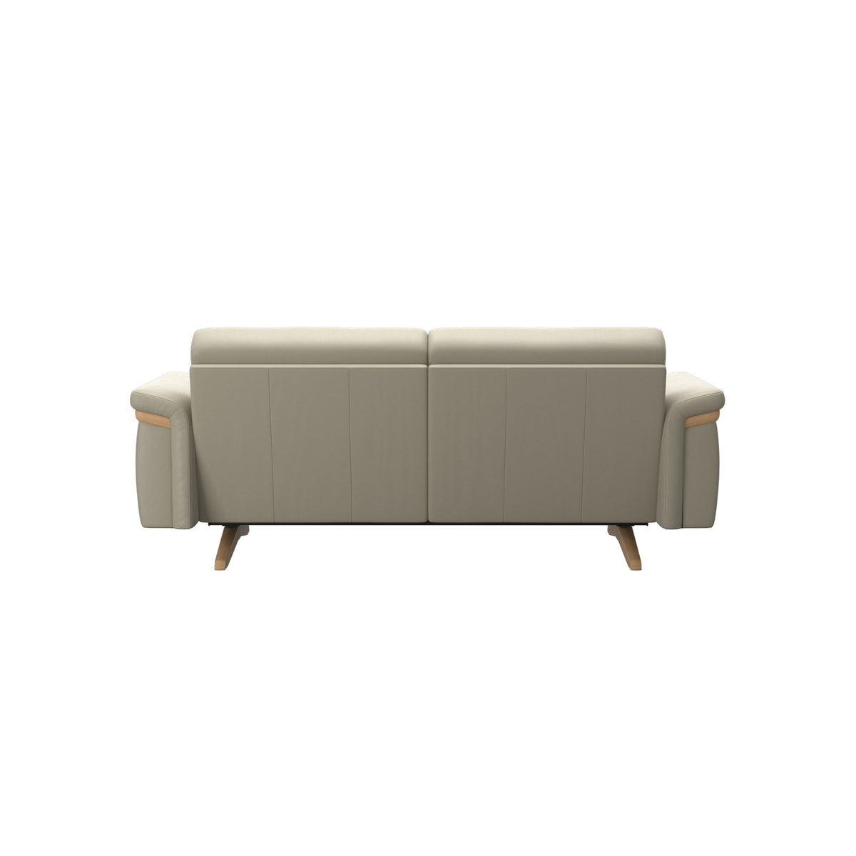 Stressless Stella Wood 2-Seater Sofa in Paloma Light Grey, Oak, rear three-quarter view