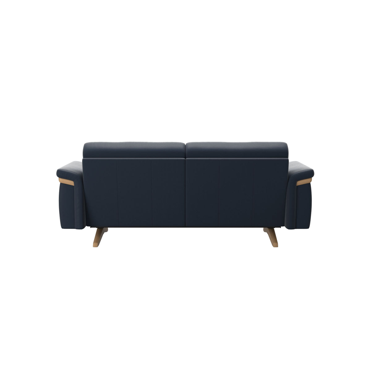 Stressless Stella Wood 2-Seater Sofa in Paloma Oxford Blue, Oak, rear three-quarter view