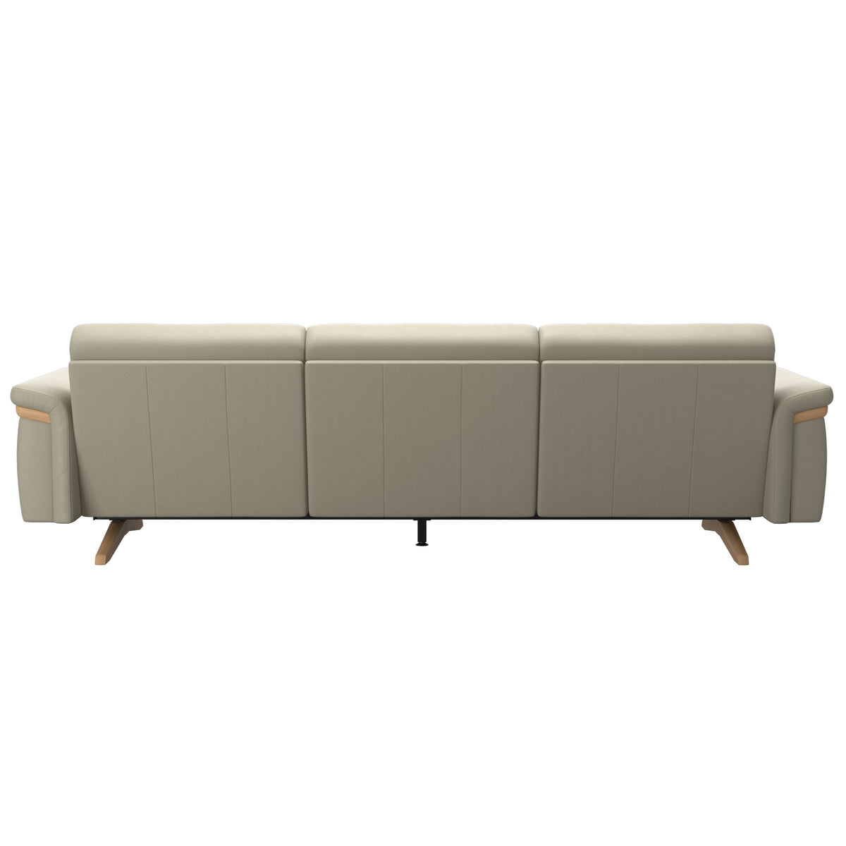 Stressless Stella Wood 3-Seater Sofa in Paloma Light Grey, rear three-quarter view, Oak wood