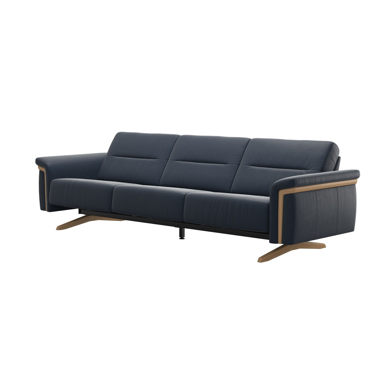 Stressless Stella Wood 3-Seater Sofa in Paloma Oxford Blue, side view, Oak wood