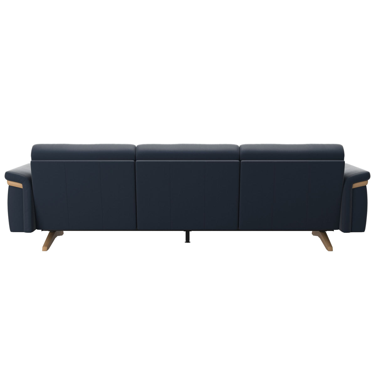 Stressless Stella Wood 3-Seater Sofa in Paloma Oxford Blue, rear three-quarter view, Oak wood