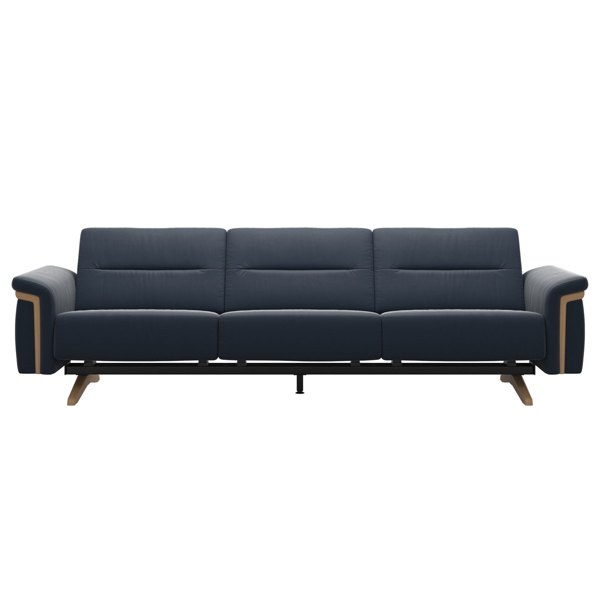 Stressless Stella Wood 3-Seater Sofa in Paloma Oxford Blue, front view, Oak wood