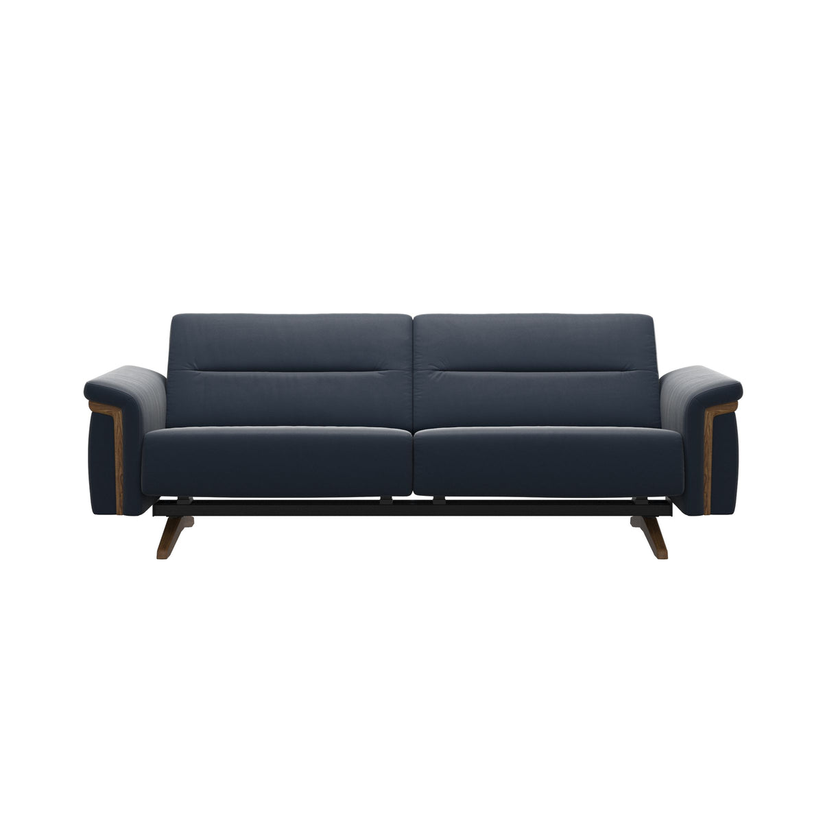 Stressless Stella Wood 2.5-Seater Sofa in Paloma Oxford Blue, front view, Teak wood