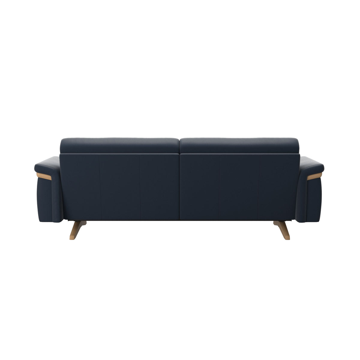 Stressless Stella Wood 2.5-Seater Sofa in Paloma Oxford Blue, rear three-quarter view, Oak wood