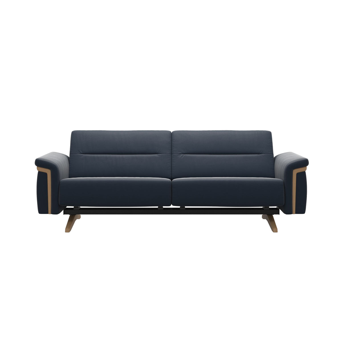 Stressless Stella Wood 2.5-Seater Sofa in Paloma Oxford Blue, front view, Oak wood