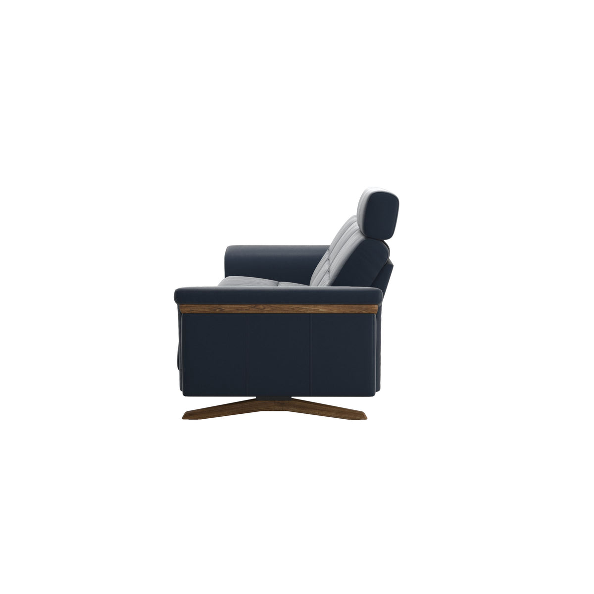 Stressless Stella Wood 3-Seater Sofa with Headrest in Paloma Oxford Blue, Teak, back view