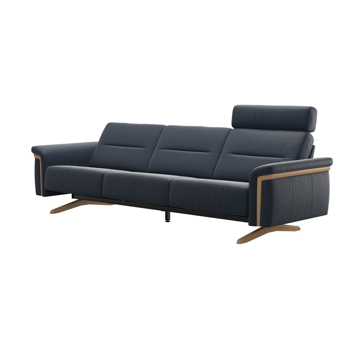 Stressless Stella Wood 3-Seater Sofa with Headrest in Paloma Oxford Blue, Oak, side view