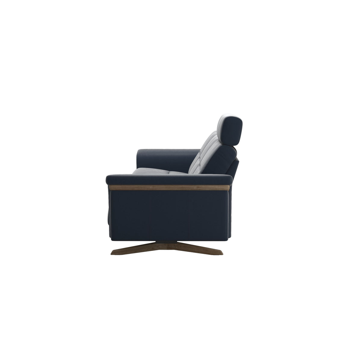 Stressless Stella Wood 3-Seater Sofa with Headrest in Paloma Oxford Blue, Smoked Oak, back view