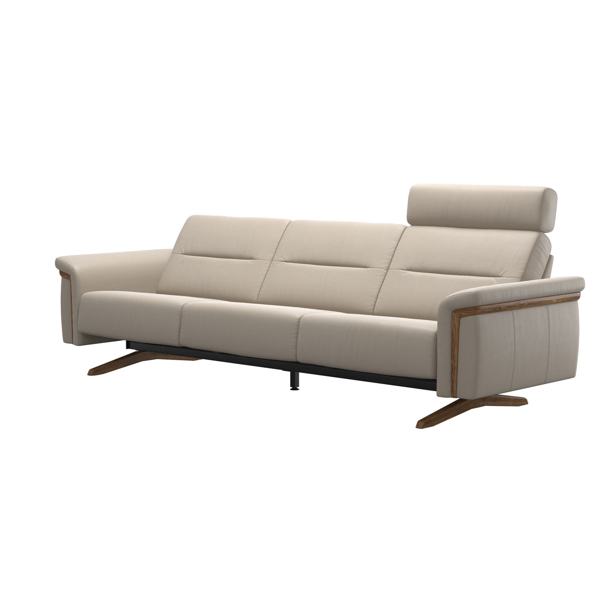 Stressless Stella Wood 3-Seater Sofa with Headrest in Paloma Fog, Teak, side view