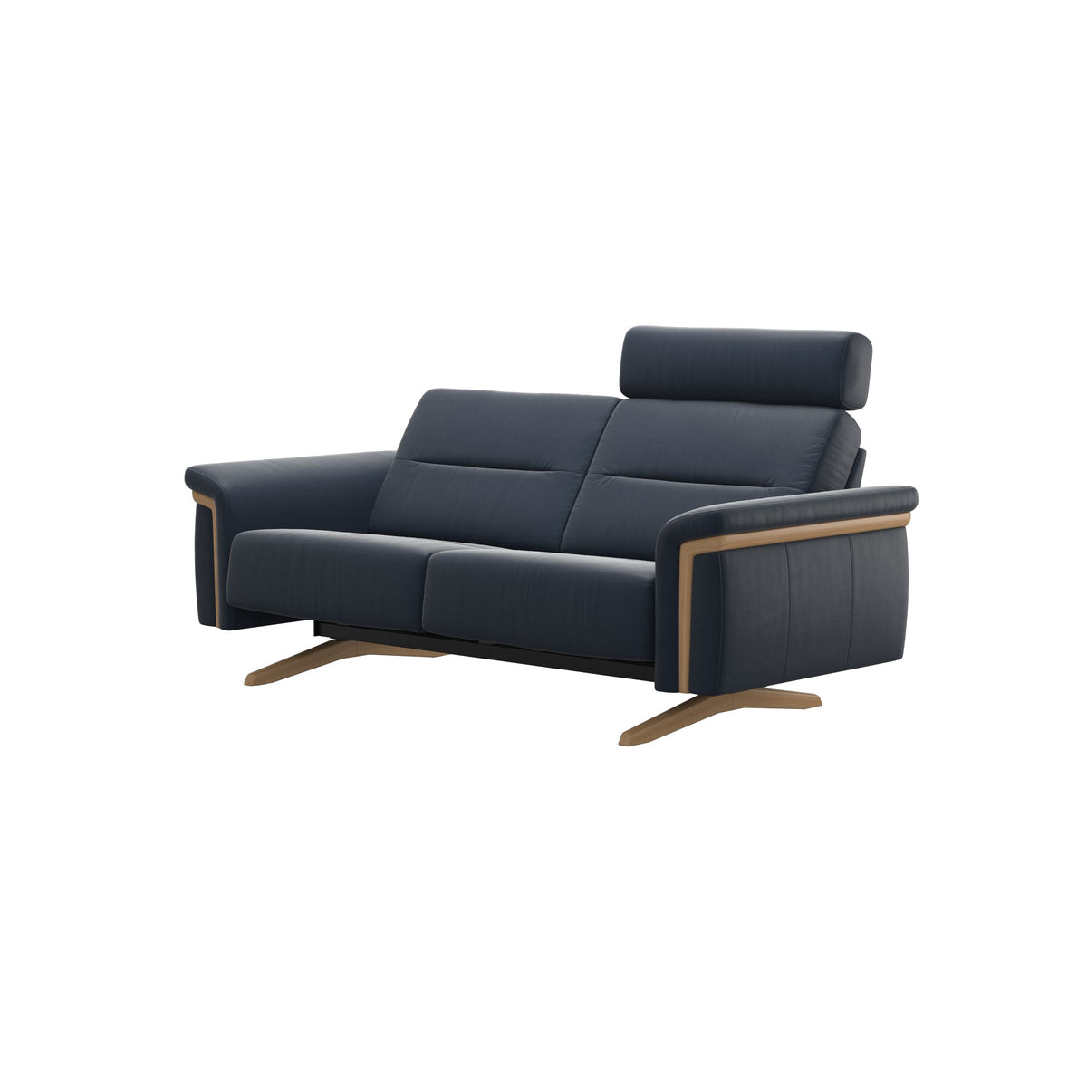 Stressless Stella Wood 2-Seater Sofa with Headrest in Paloma Oxford Blue, side view, Oak wood