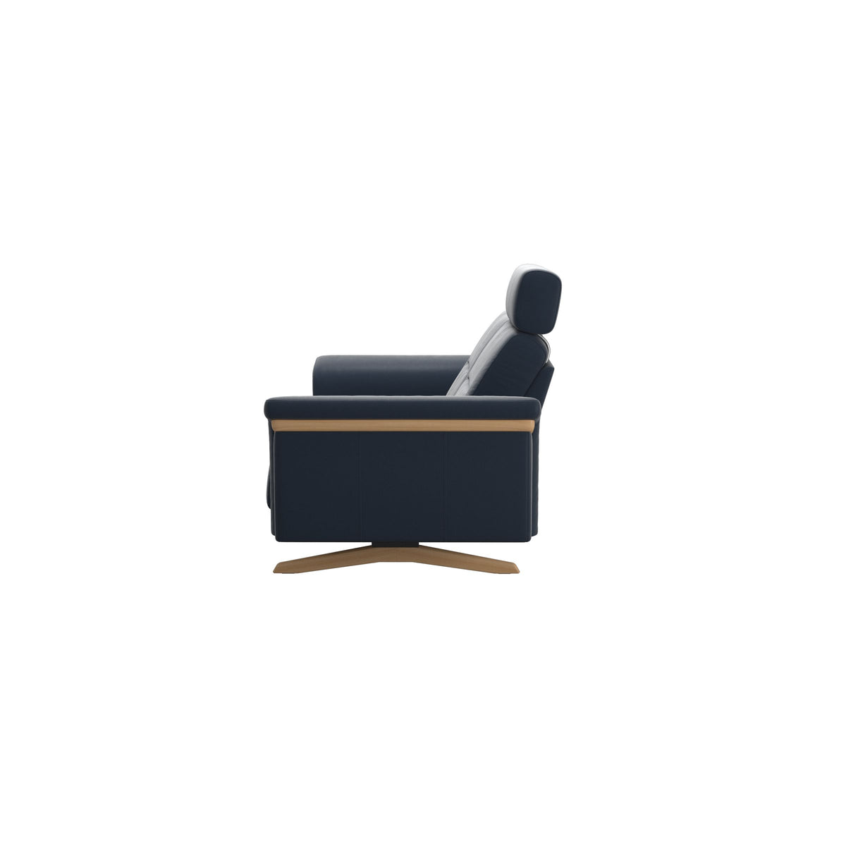 Stressless Stella Wood 2-Seater Sofa with Headrest in Paloma Oxford Blue, back view, Oak wood