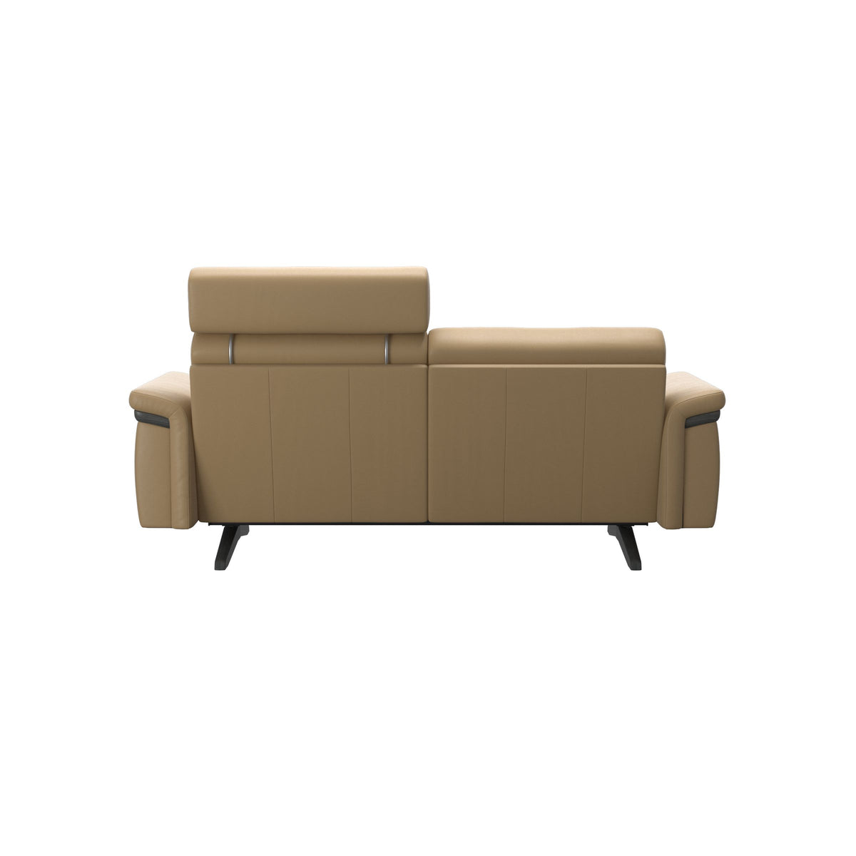 Stressless Stella Wood 2-Seater Sofa with Headrest in Paloma Sand, Grey, rear three-quarter view