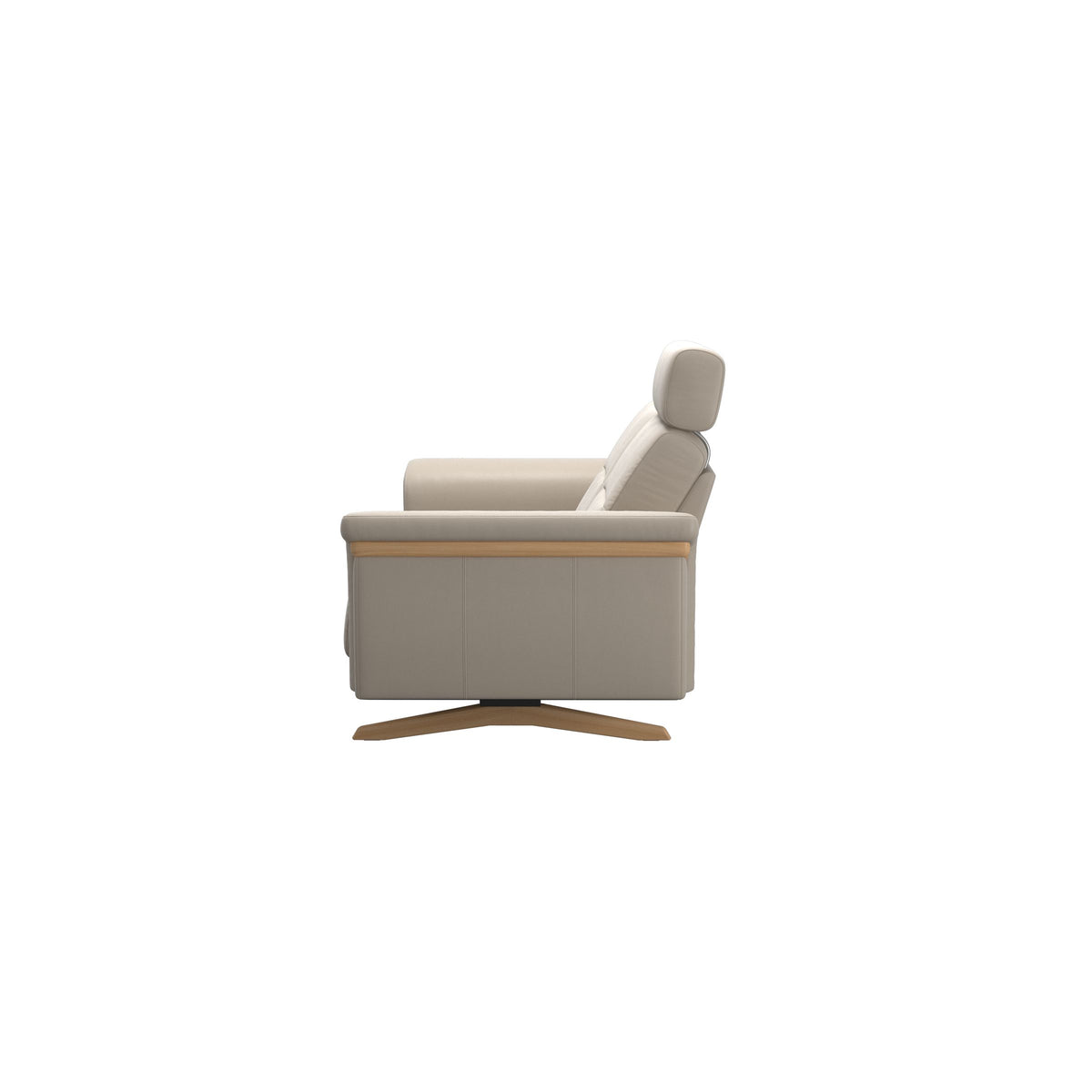 Stressless Stella Wood 2-Seater Sofa with Headrest in Paloma Fog, back view, Oak wood