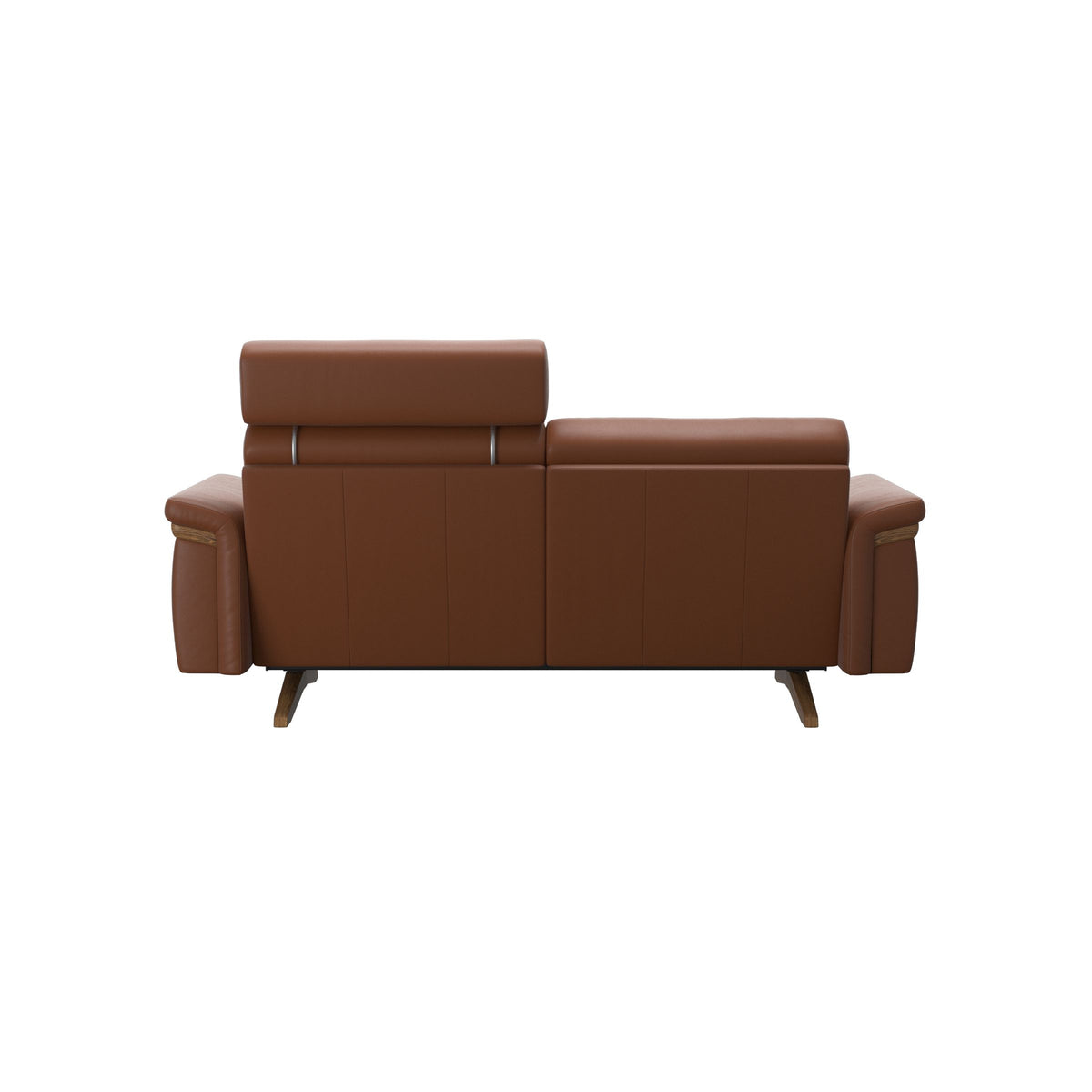 Stressless Stella Wood 2-Seater Sofa with Headrest in Paloma New Cognac, rear three-quarter view, Teak wood