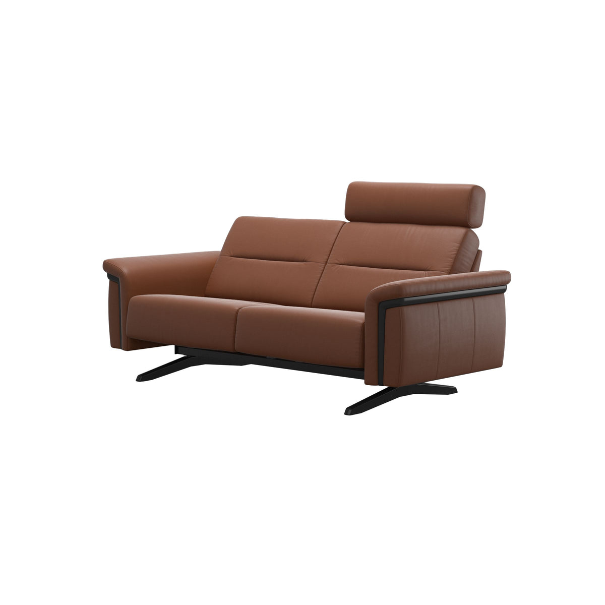 Stressless Stella Wood 2-Seater Sofa with Headrest in Paloma New Cognac, side view, Black wood