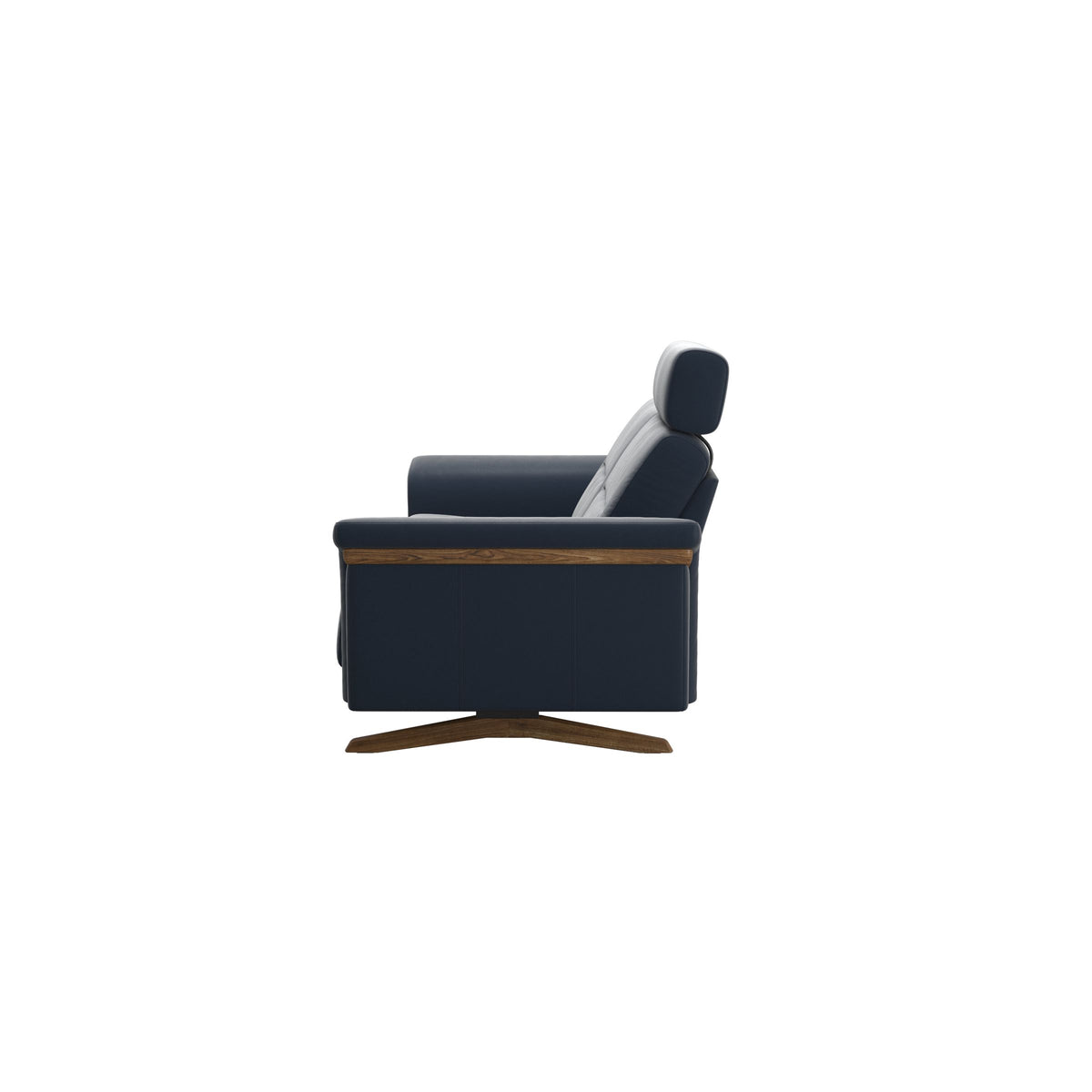 Stressless Stella Wood 2.5-Seater Sofa with Headrest in Paloma Oxford Blue, back view, Teak wood