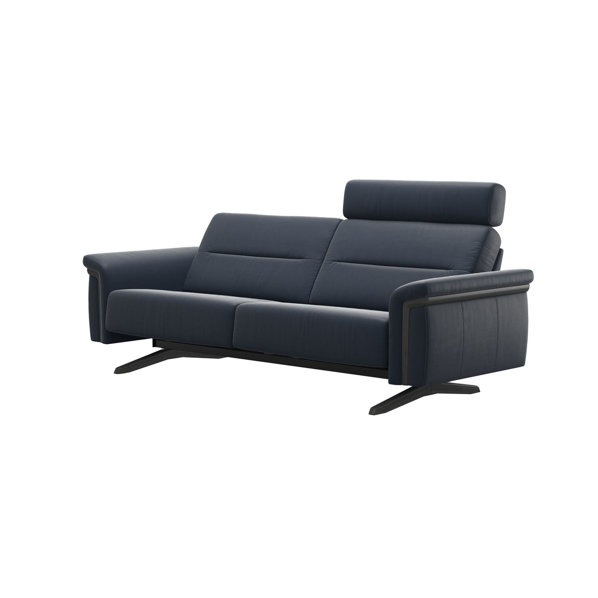 Stressless Stella Wood 2.5-Seater Sofa with Headrest in Paloma Oxford Blue, Grey, side view