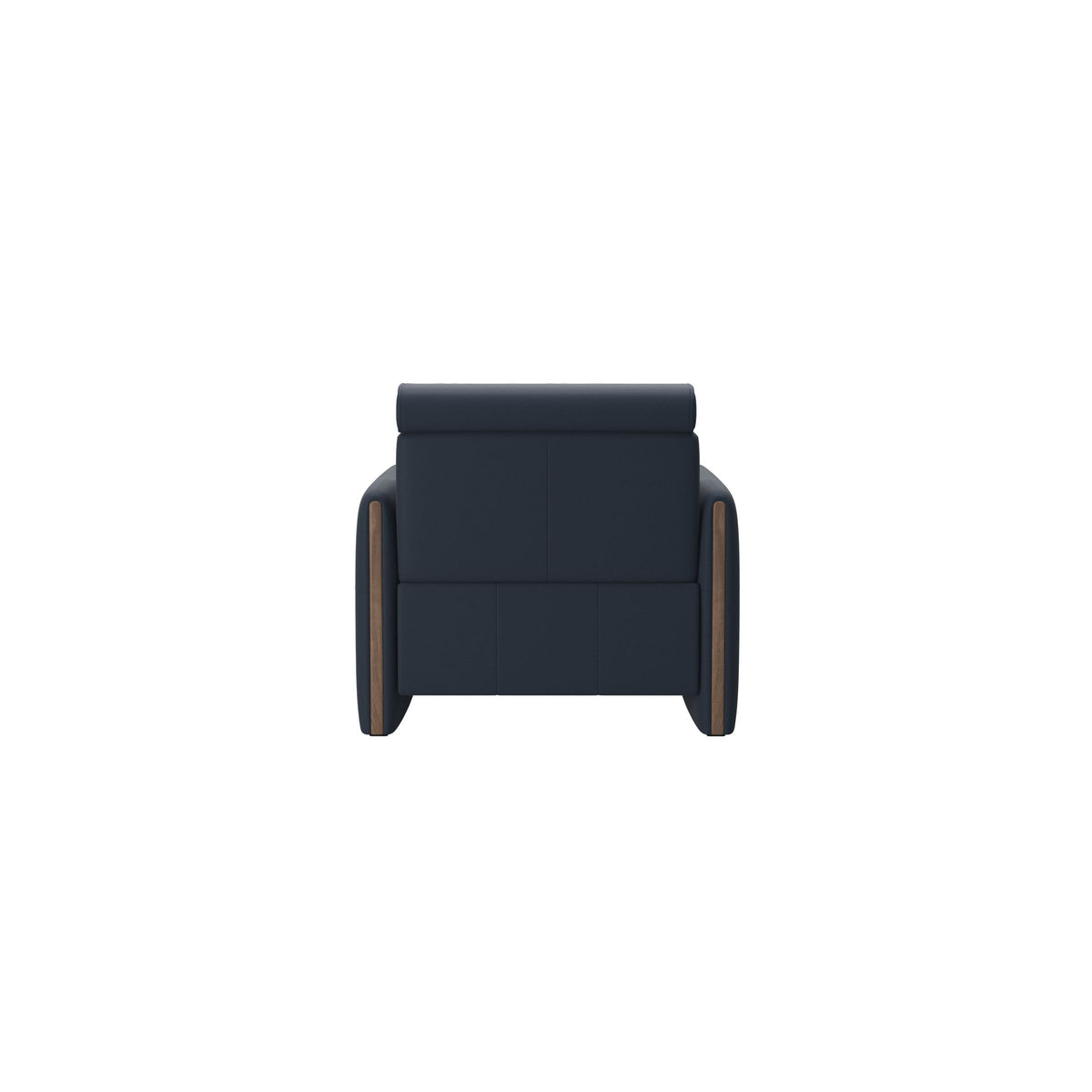 Stressless Emily Wood Chair with Power in Paloma Oxford Blue, Walnut, rear three-quarter view