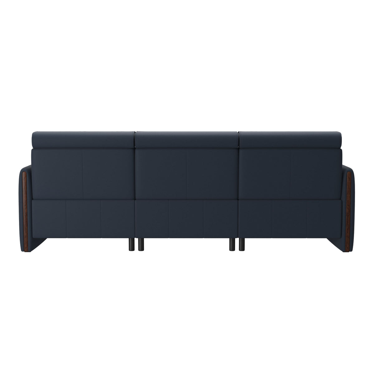 Stressless Emily Wood 3-Seater Sofa with 2 Power Seats in Paloma Oxford Blue, Brown, rear three-quarter view
