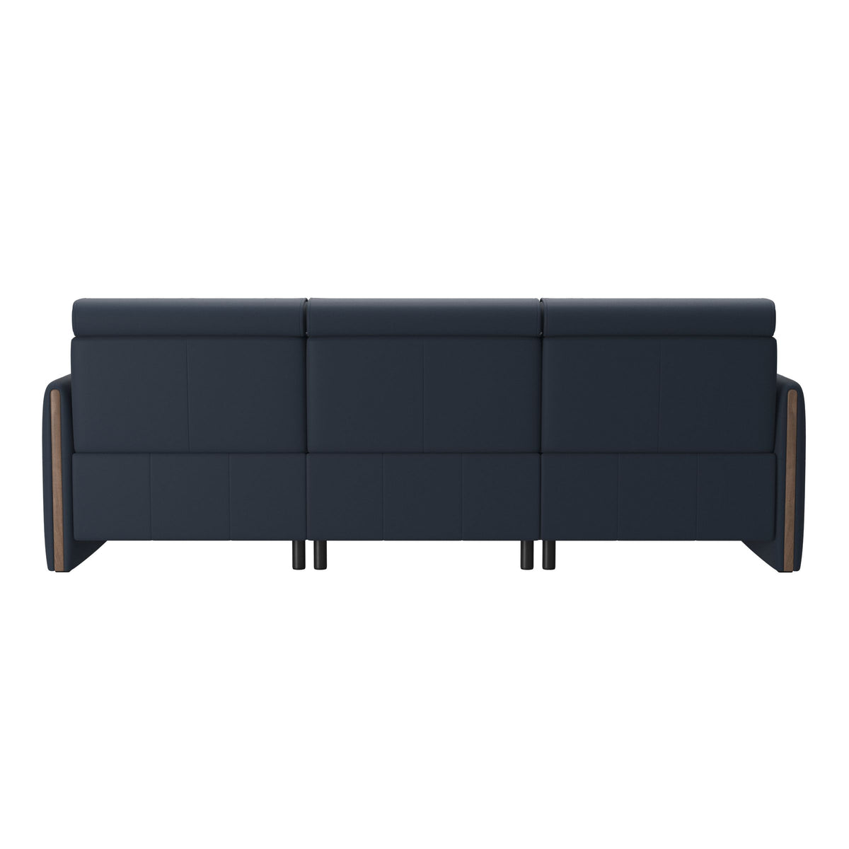 Stressless Emily Wood 3-Seater Sofa with 2 Power Seats in Paloma Oxford Blue, Walnut, rear three-quarter view