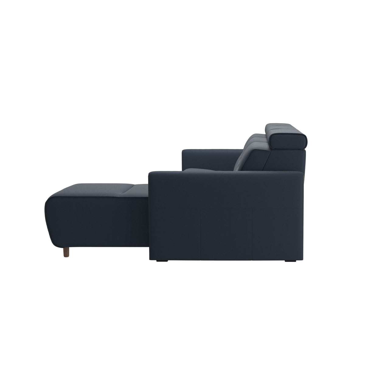 Stressless Emily Wood 2-Seater Sofa with 1 Power Seat and 1 Long Seat in Paloma Oxford Blue, Walnut, back view