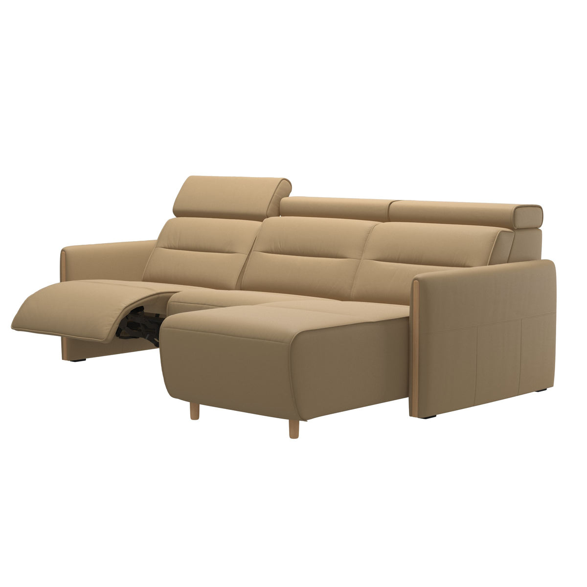 Stressless Emily Wood 2-Seater Sofa with 1 Power Seat and 1 Long Seat in Paloma Sand, Oak, side view